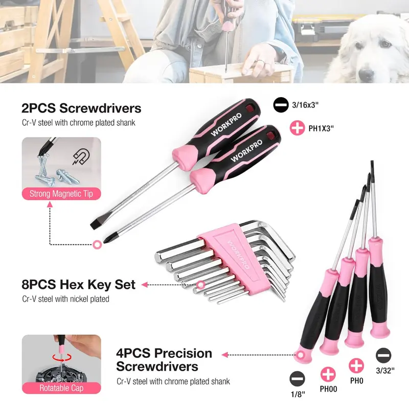 WORKPRO 258-teiliges / 284-teiliges Komplett-Set für Heimwerker – Rosa Band