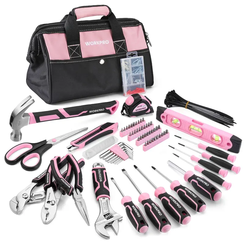 WORKPRO 263-teiliges / 277-teiliges rosa Werkzeugset mit großem Eingang für Aufbewahrungstasche – Rosa Band