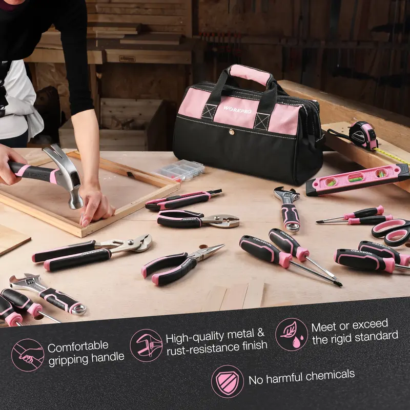 WORKPRO 263-teiliges / 277-teiliges rosa Werkzeugset mit großem Eingang für Aufbewahrungstasche – Rosa Band 2
