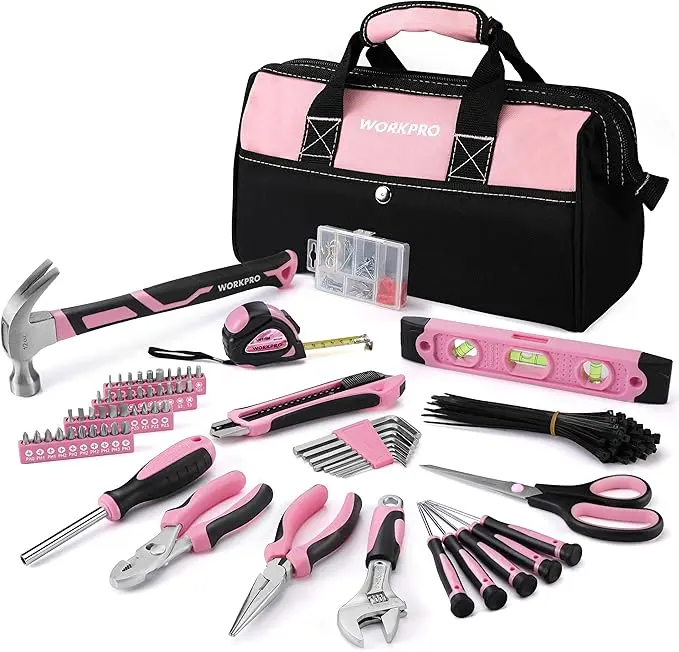 WORKPRO 263-teiliges / 277-teiliges rosa Werkzeugset mit großem Eingang für Aufbewahrungstasche – Rosa Band