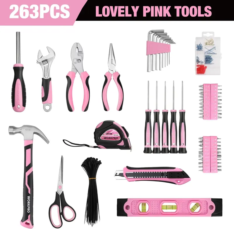WORKPRO 263-teiliges / 277-teiliges rosa Werkzeugset mit großem Eingang für Aufbewahrungstasche – Rosa Band