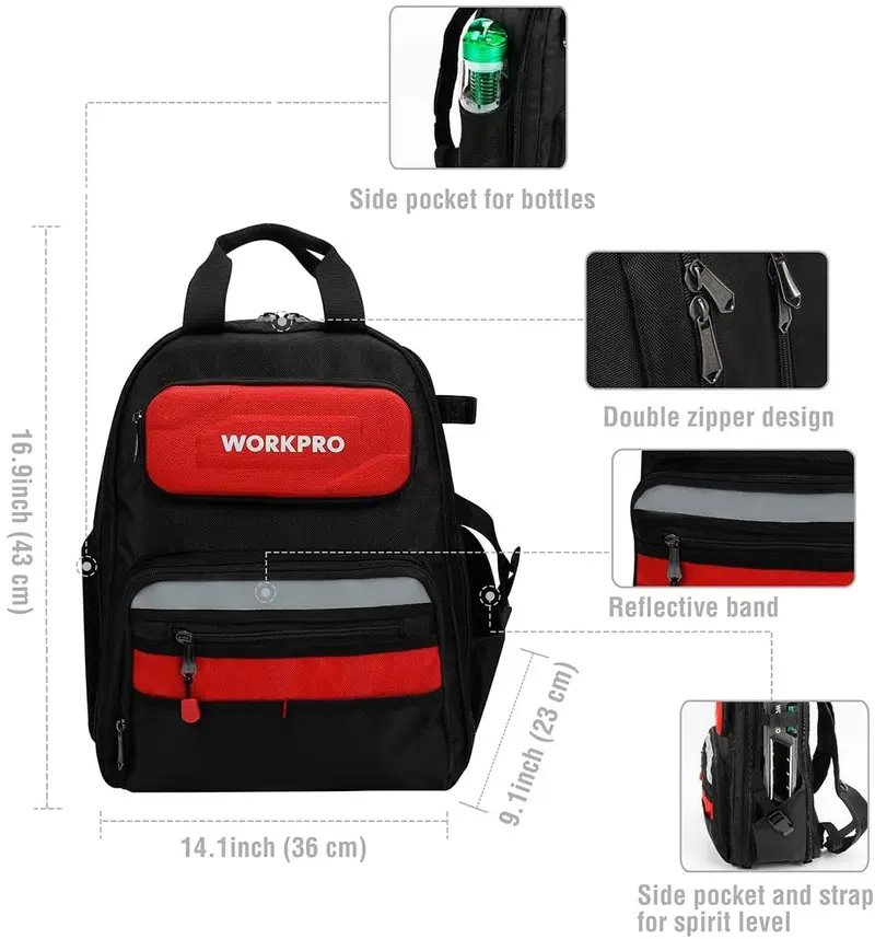 WORKPRO 29-Fach-Hochleistungs-Tool-Rucksack mit Gummifüßen und gepolsterter Rückseite – ideal zur Aufbewahrung und Organisation 2