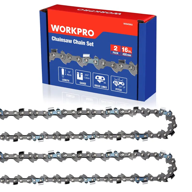 WORKPRO 2er-Pack Kettensägekette, 16 Zoll (ca. 40 cm), 3/8" Teilung, 56 Treibglieder – Holzschneidende Kette für Kettensägenzubehör