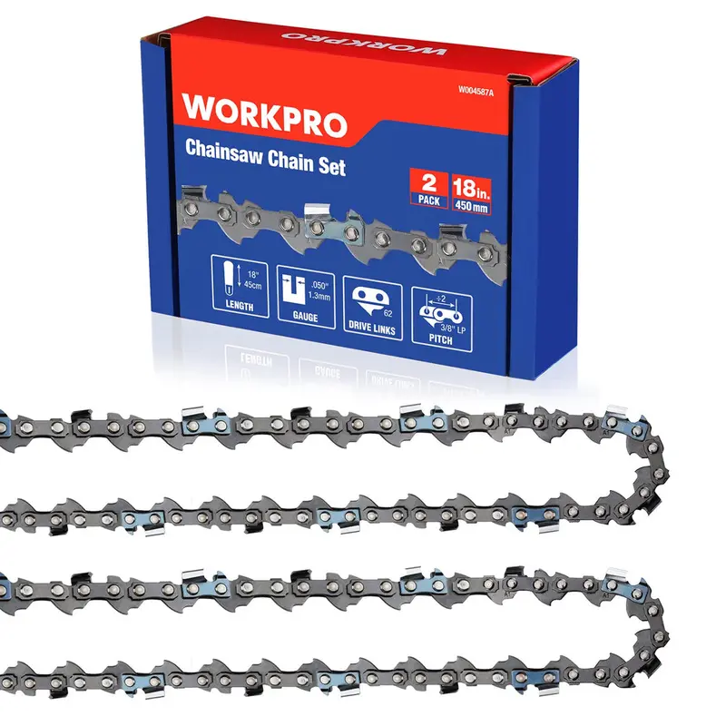 WORKPRO 2er-Pack Kettensägekette, 45 cm (18 Zoll), 3/8" Teilung, 62 Treibglieder – Holzschneidende Kette für Kettensägenzubehör