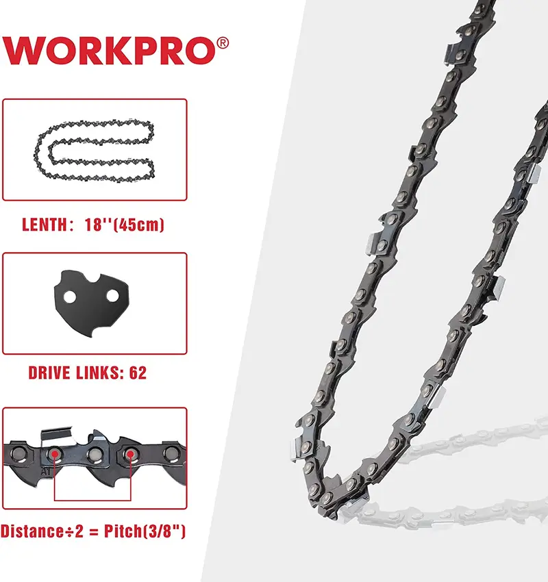 WORKPRO 2er-Pack Kettensägekette, 45 cm (18 Zoll), 3/8" Teilung, 62 Treibglieder – Holzschneidende Kette für Kettensägenzubehör 2