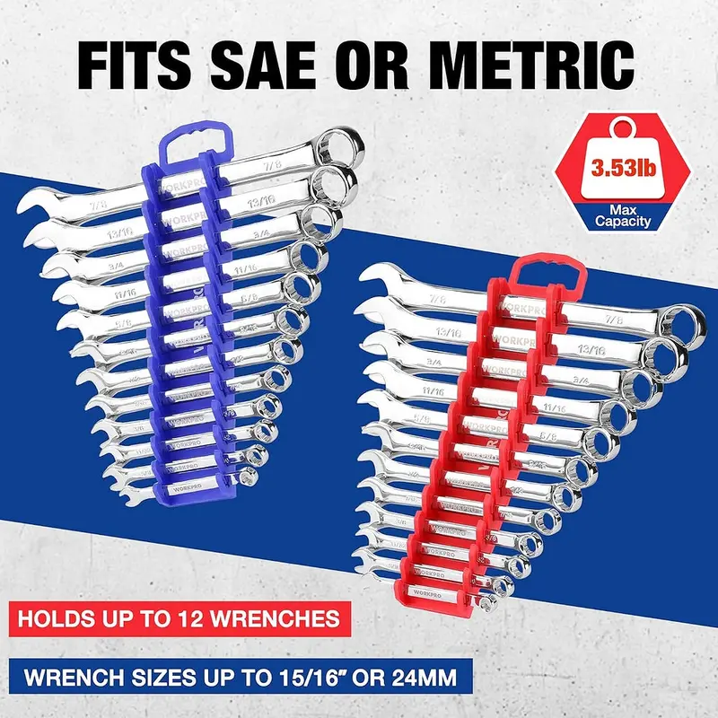 WORKPRO 2er-Pack magnetischer Schraubenschlüssel-Organizer, 12-teiliger Greifer-Schraubenschlüsselhalter für Kurzschlüssel oder Rohrschlüssel, passend für SAE (1/4" bis 15/16") und metrische Größen (6 mm bis 24 mm), flexible Zähne