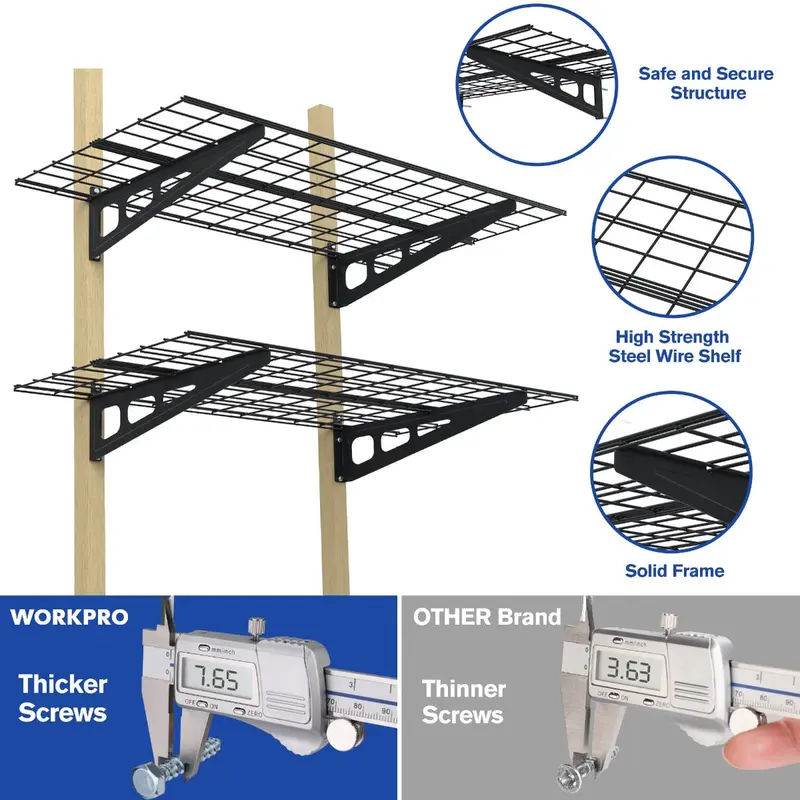 WORKPRO 2er-Pack wandmontierte Garage-Regale, 2 × 4 Fuß, extra robust, 48" × 24", Tragfähigkeit insgesamt 180 kg, schwarz