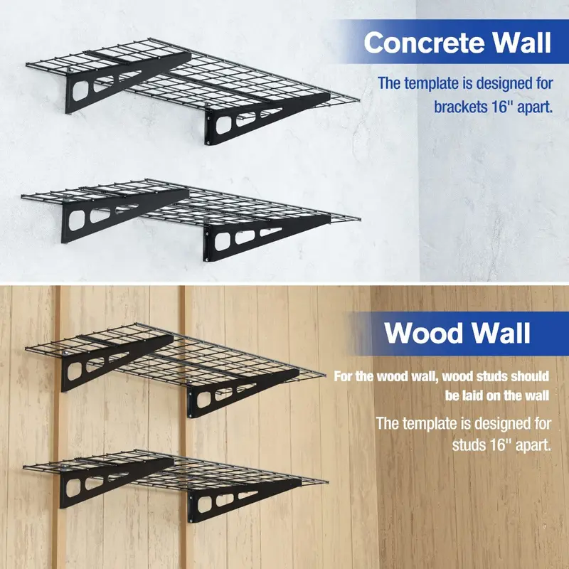 WORKPRO 2er-Pack wandmontierte Garage-Regale, 2 × 4 Fuß, extra robust, 48" × 24", Tragfähigkeit insgesamt 180 kg, schwarz