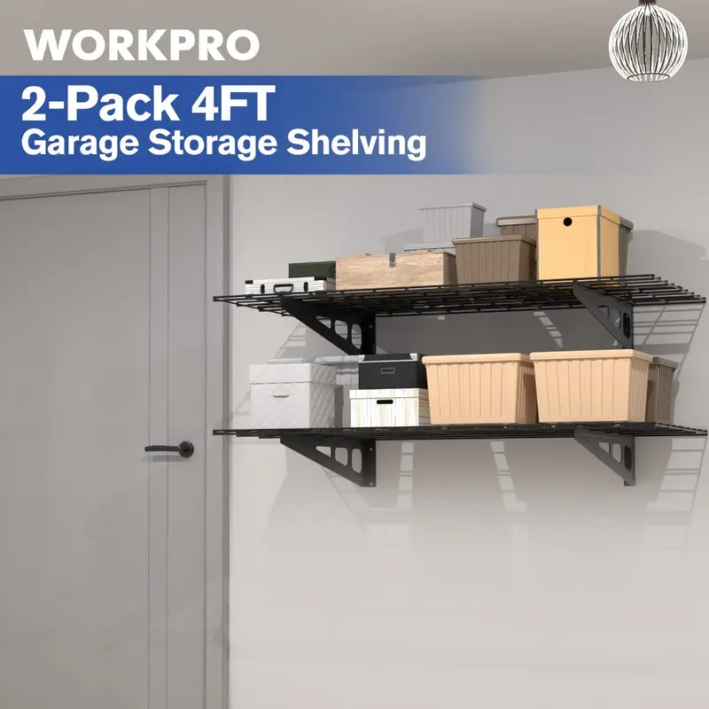 WORKPRO 2er-Pack wandmontierte Garage-Regale, 2 × 4 Fuß, extra robust, 48" × 24", Tragfähigkeit insgesamt 180 kg, schwarz