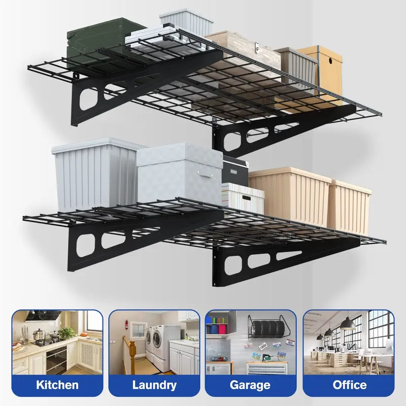 WORKPRO 2er-Pack wandmontierte Garage-Regale, 2 × 4 Fuß, extra robust, 48" × 24", Tragfähigkeit insgesamt 180 kg, schwarz
