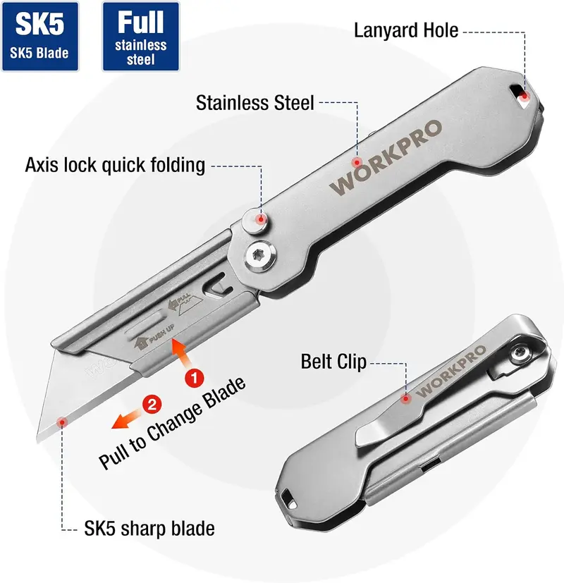 WORKPRO 2er-Set EDC-Klappmesser für Allzweckzwecke, Mini-Boxcutter mit Schnellöffnungs-Achsenverriegelung, Rasiermesser mit schnellem Klingentausch, klappbares kleines Taschenmesser mit Gürtelclip – 2 Stück inkl. 10 zusätzlichen Klingen