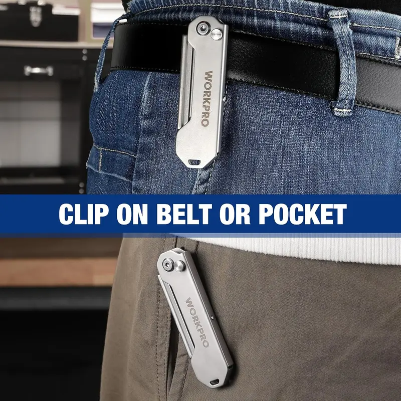 WORKPRO 2er-Set EDC-Klappmesser für Allzweckzwecke, Mini-Boxcutter mit Schnellöffnungs-Achsenverriegelung, Rasiermesser mit schnellem Klingentausch, klappbares kleines Taschenmesser mit Gürtelclip – 2 Stück inkl. 10 zusätzlichen Klingen