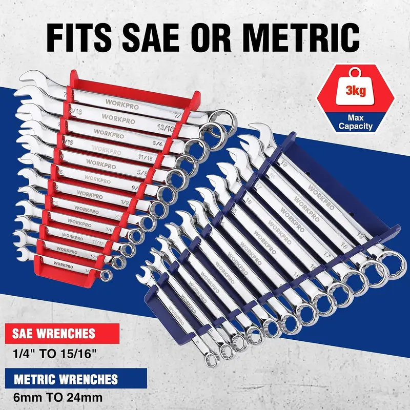 WORKPRO 2er-Set magnetische Schraubenschlüssel-Organizer, 12-teiliges Schlüsselhalter-Set für Werkzeugkasten-Schubladen, Schlüsselhalter mit Werkzeugtabletts in SAE (1/4"–15/16") und metrisch (6 mm–24 mm)