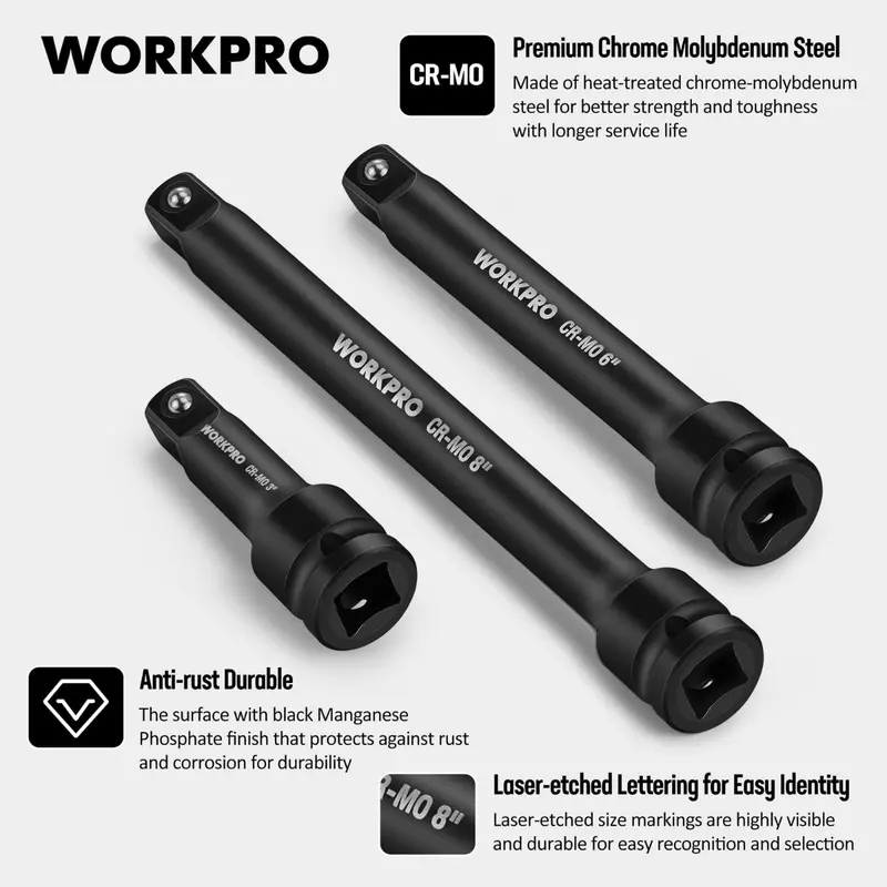 WORKPRO 3 Piece-3, 6, 8 Inch 1/2-Inch Socket Drive Impact Extension Bar Sets 2
