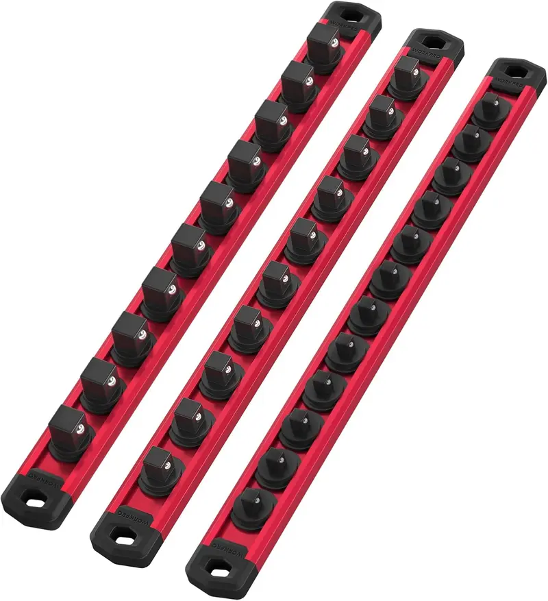WORKPRO 3-teiliges Magnet-Socket-Organisationssystem aus Aluminiumlegierung, robuste Socket-Halterung mit 12 Clips für 1/4 Zoll, 10 Clips für 3/8 Zoll und 10 Clips für 1/2 Zoll (Steckschlüssel nicht im Lieferumfang enthalten)