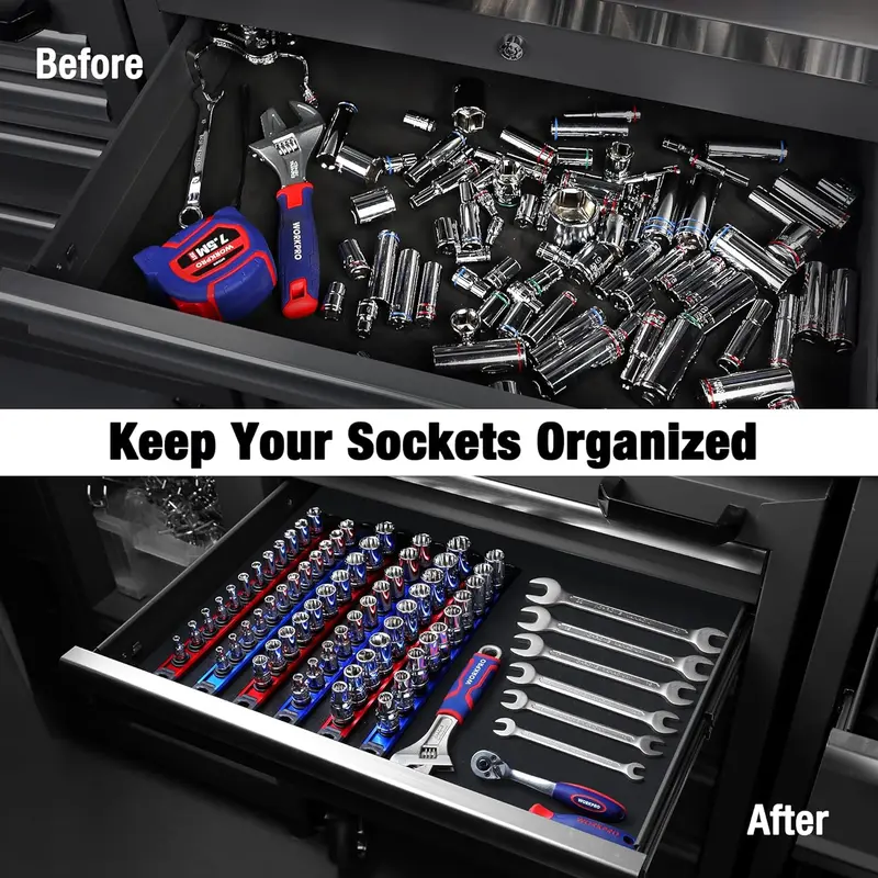 WORKPRO 3-teiliges Magnet-Socket-Organisationssystem aus Aluminiumlegierung, robuste Socket-Halterung mit 12 Clips für 1/4 Zoll, 10 Clips für 3/8 Zoll und 10 Clips für 1/2 Zoll (Steckschlüssel nicht im Lieferumfang enthalten) 2