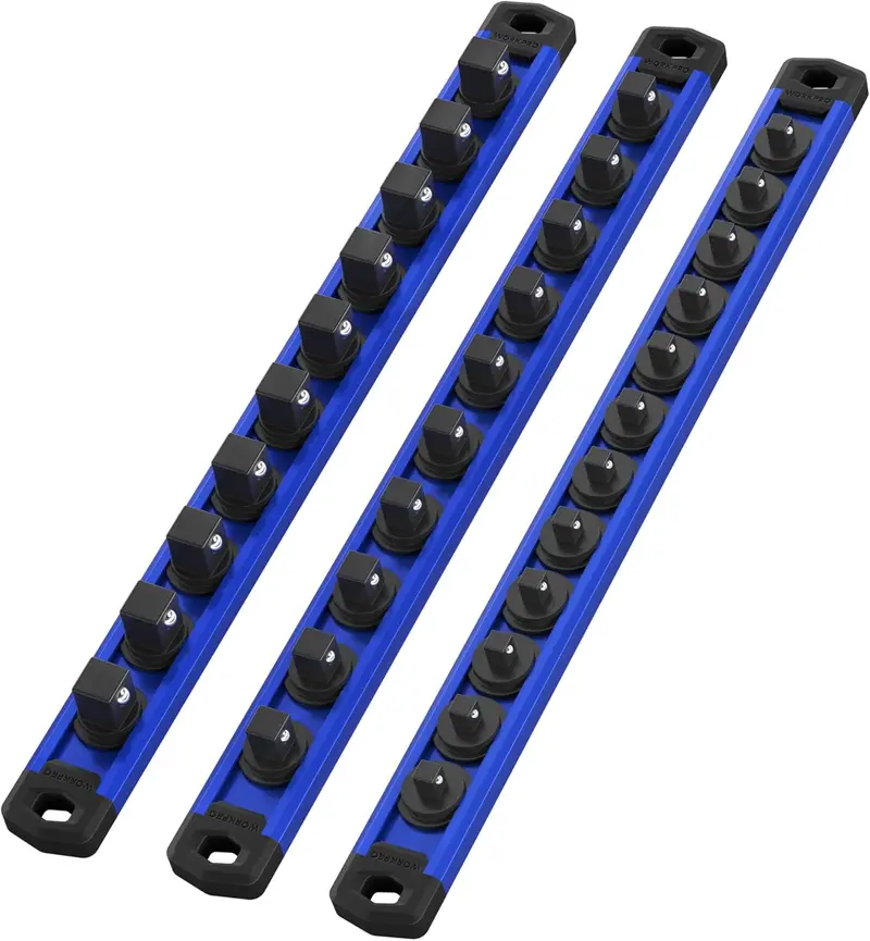 WORKPRO 3-teiliges Magnet-Socket-Organisationssystem aus Aluminiumlegierung, robuste Socket-Halterung mit 12 Clips für 1/4 Zoll, 10 Clips für 3/8 Zoll und 10 Clips für 1/2 Zoll (Steckschlüssel nicht im Lieferumfang enthalten)