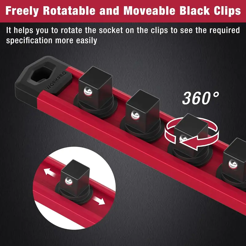 WORKPRO 3-teiliges Magnet-Socket-Organisationssystem aus Aluminiumlegierung, robuste Socket-Halterung mit 12 Clips für 1/4 Zoll, 10 Clips für 3/8 Zoll und 10 Clips für 1/2 Zoll (Steckschlüssel nicht im Lieferumfang enthalten)