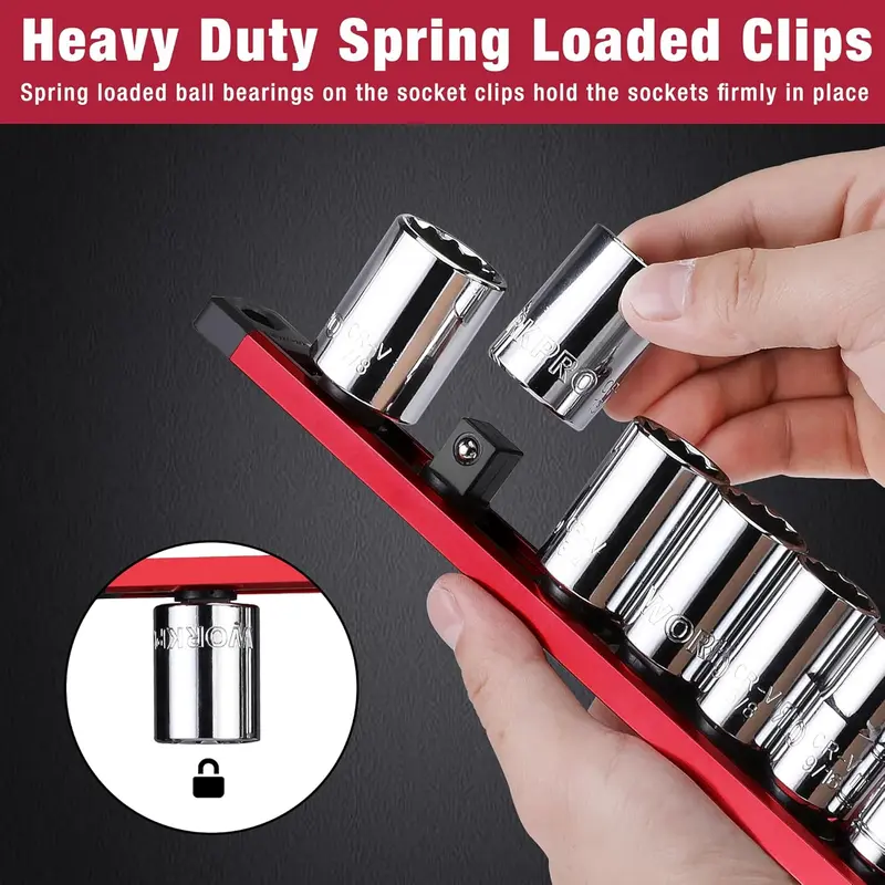 WORKPRO 3-teiliges Magnet-Socket-Organisationssystem aus Aluminiumlegierung, robuste Socket-Halterung mit 12 Clips für 1/4 Zoll, 10 Clips für 3/8 Zoll und 10 Clips für 1/2 Zoll (Steckschlüssel nicht im Lieferumfang enthalten)