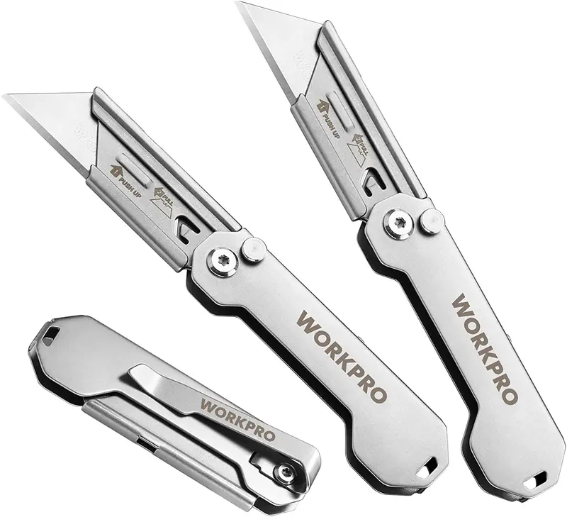 WORKPRO 3-teiliges Set aus Klapp-Cuttermessern mit schnellem Klingentausch und Kartonmesser