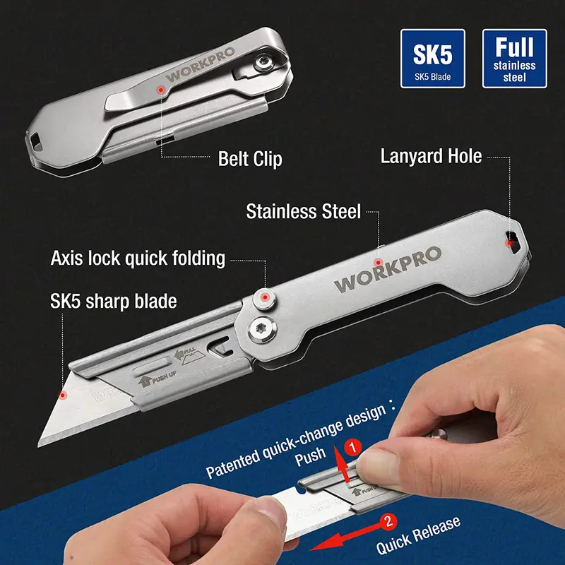 WORKPRO 3-teiliges Set aus Klapp-Cuttermessern mit schnellem Klingentausch und Kartonmesser