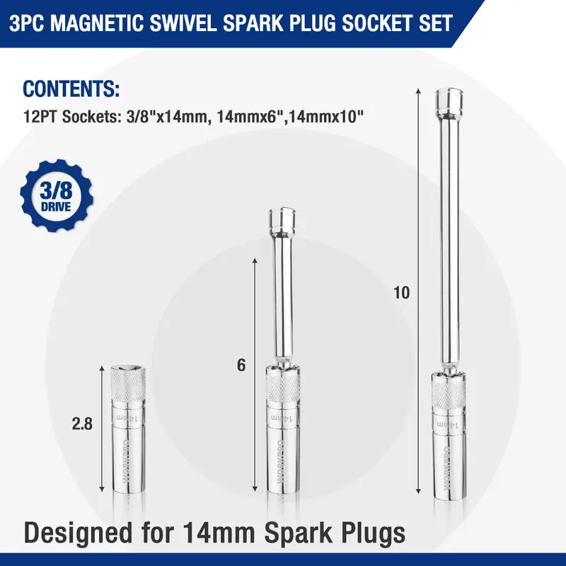 WORKPRO 3-teiliges Set – Dünne 14-mm-Steckschlüssel mit 6- und 10-Zoll-Verlängerungen, magnetischer Schwenk-Zündkerzensteckschlüssel 2