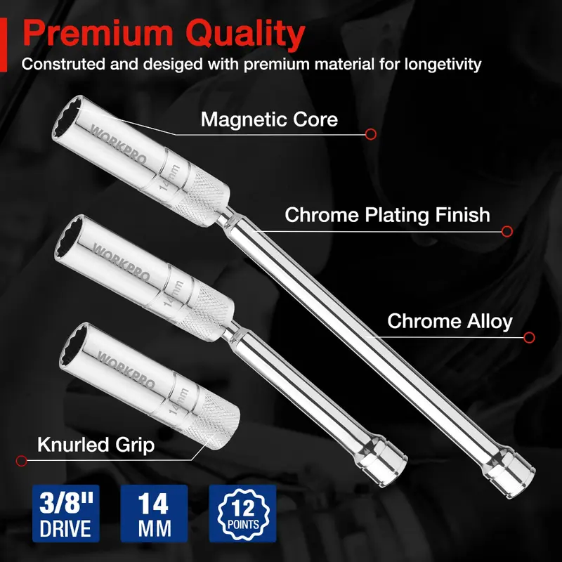 WORKPRO 3-teiliges Set – Dünne 14-mm-Steckschlüssel mit 6- und 10-Zoll-Verlängerungen, magnetischer Schwenk-Zündkerzensteckschlüssel