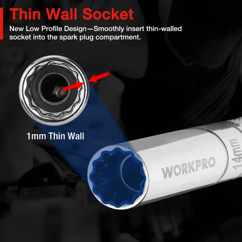WORKPRO 3-teiliges Set – Dünne 14-mm-Steckschlüssel mit 6- und 10-Zoll-Verlängerungen, magnetischer Schwenk-Zündkerzensteckschlüssel