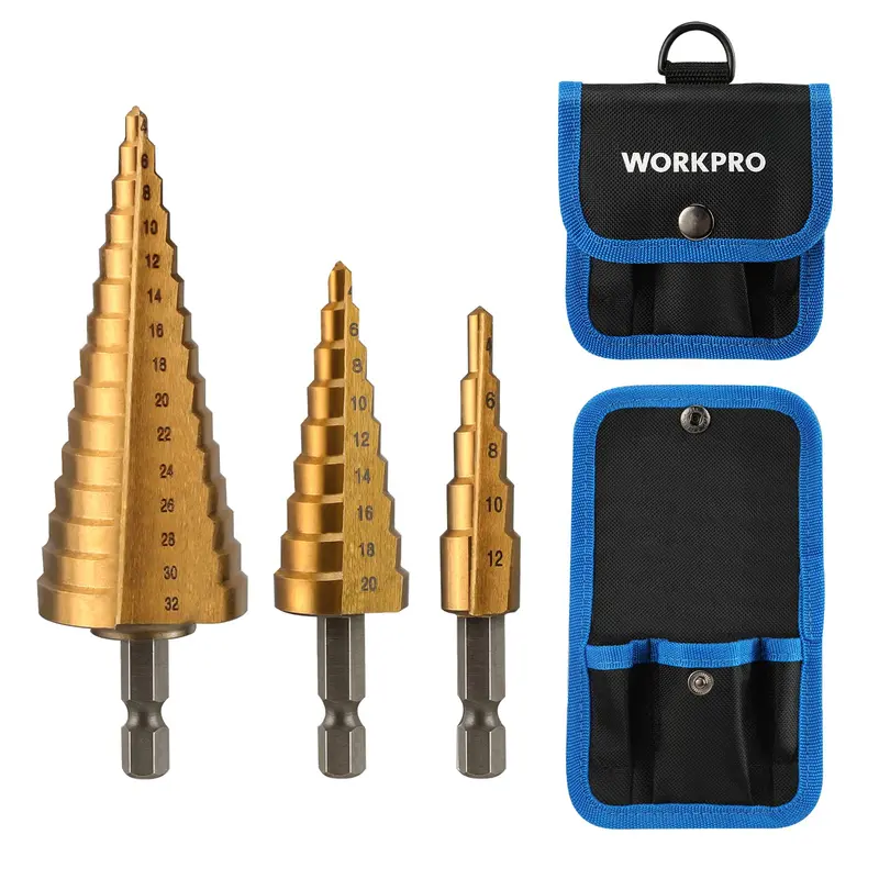 WORKPRO 3-teiliges Stufenbohrer-Set, 1/4"-Sechskant-Schaft mit Schnellwechselsystem, Hochgeschwindigkeitsstahl-Bohrer mit Titanbeschichtung für Kunststoff, Holz, Blech und Aluminium – zum präzisen Bohren von Löchern; inkl. übersichtlicher Aufbewahrungstasche, metrisch