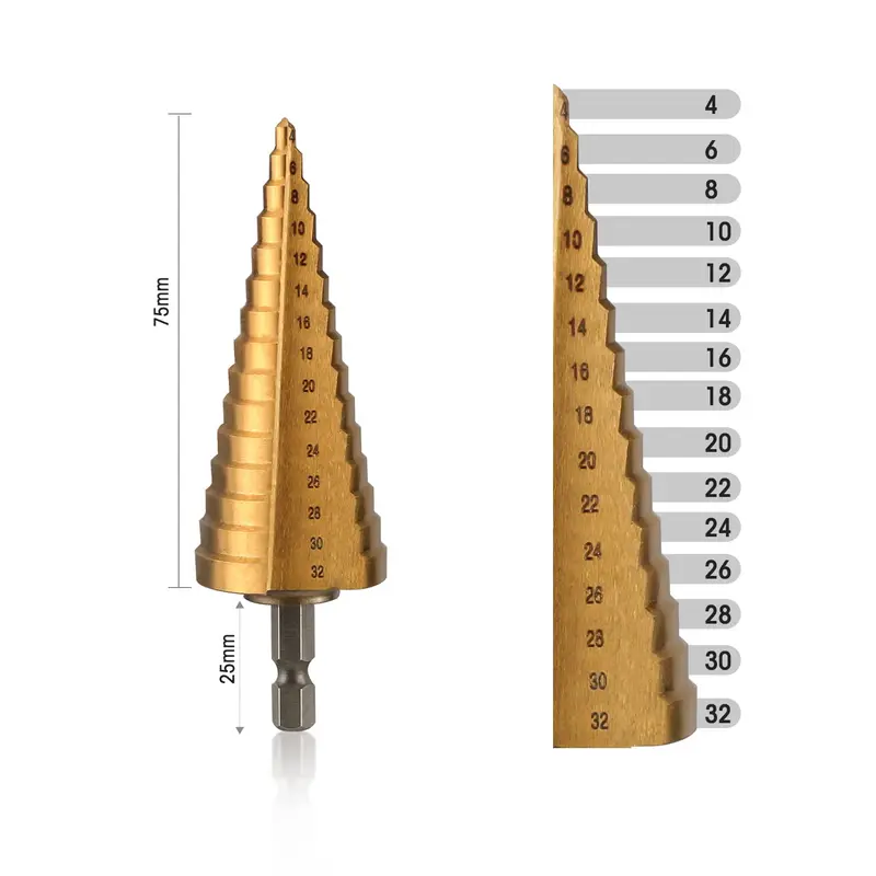 WORKPRO 3-teiliges Stufenbohrer-Set, 1/4"-Sechskant-Schaft mit Schnellwechselsystem, Hochgeschwindigkeitsstahl-Bohrer mit Titanbeschichtung für Kunststoff, Holz, Blech und Aluminium – zum präzisen Bohren von Löchern; inkl. übersichtlicher Aufbewahrungstasche, metrisch 2