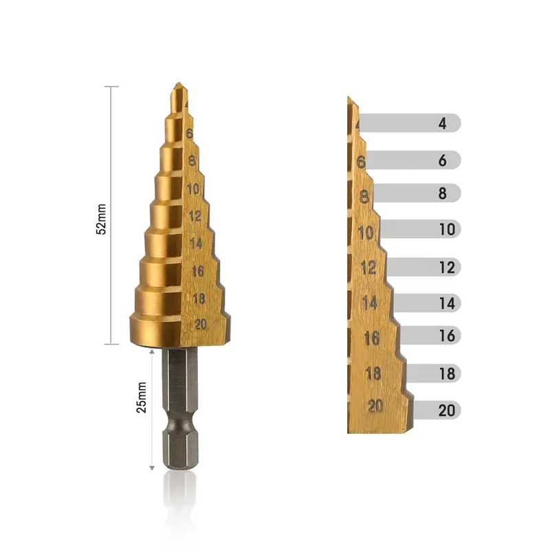WORKPRO 3-teiliges Stufenbohrer-Set, 1/4"-Sechskant-Schaft mit Schnellwechselsystem, Hochgeschwindigkeitsstahl-Bohrer mit Titanbeschichtung für Kunststoff, Holz, Blech und Aluminium – zum präzisen Bohren von Löchern; inkl. übersichtlicher Aufbewahrungstasche, metrisch