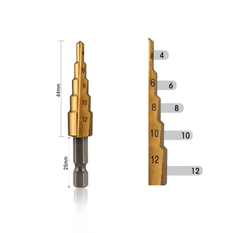 WORKPRO 3-teiliges Stufenbohrer-Set, 1/4"-Sechskant-Schaft mit Schnellwechselsystem, Hochgeschwindigkeitsstahl-Bohrer mit Titanbeschichtung für Kunststoff, Holz, Blech und Aluminium – zum präzisen Bohren von Löchern; inkl. übersichtlicher Aufbewahrungstasche, metrisch
