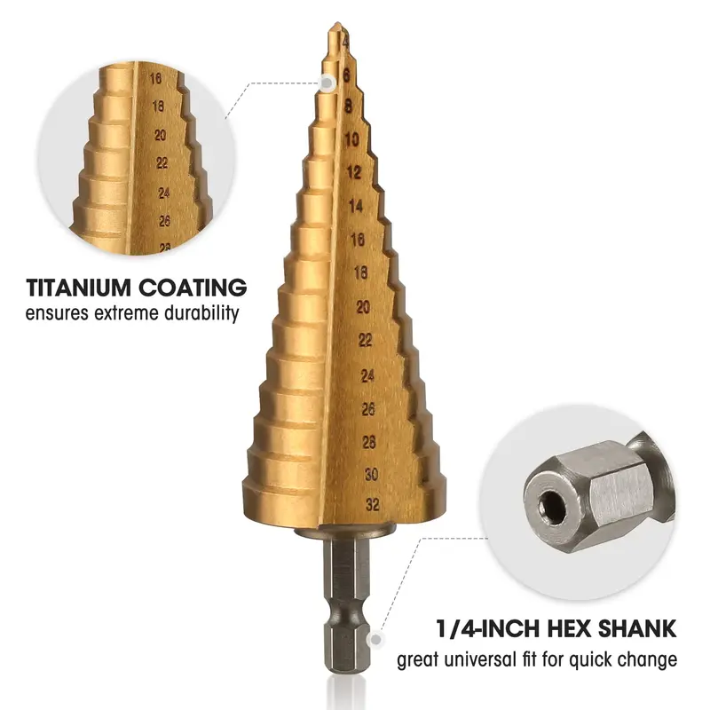 WORKPRO 3-teiliges Stufenbohrer-Set, 1/4"-Sechskant-Schaft mit Schnellwechselsystem, Hochgeschwindigkeitsstahl-Bohrer mit Titanbeschichtung für Kunststoff, Holz, Blech und Aluminium – zum präzisen Bohren von Löchern; inkl. übersichtlicher Aufbewahrungstasche, metrisch