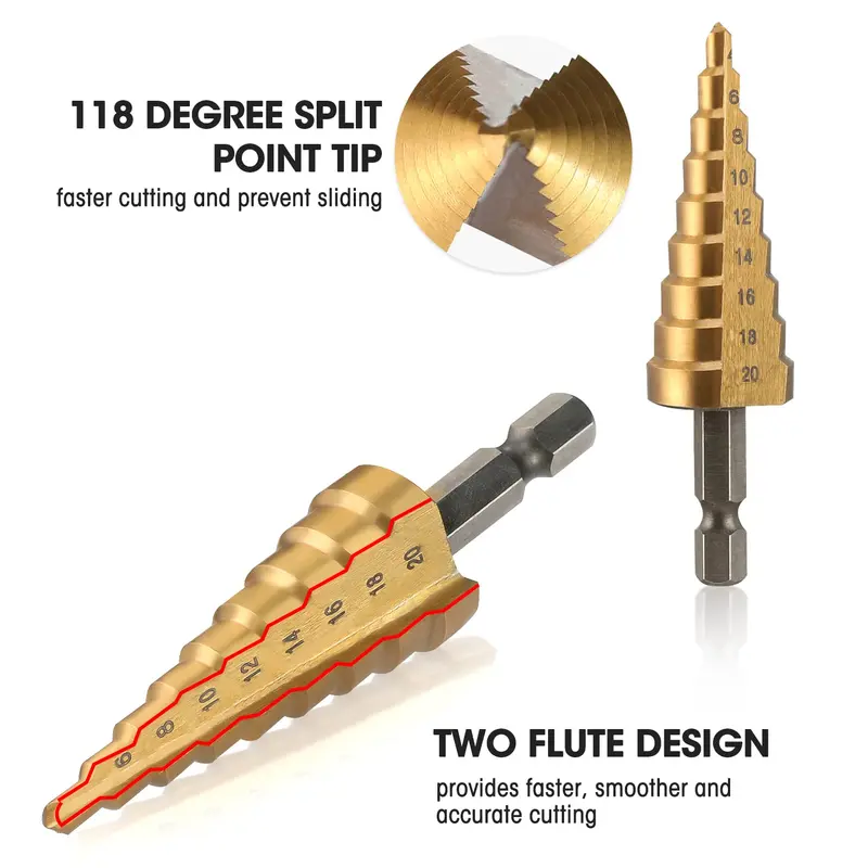 WORKPRO 3-teiliges Stufenbohrer-Set, 1/4"-Sechskant-Schaft mit Schnellwechselsystem, Hochgeschwindigkeitsstahl-Bohrer mit Titanbeschichtung für Kunststoff, Holz, Blech und Aluminium – zum präzisen Bohren von Löchern; inkl. übersichtlicher Aufbewahrungstasche, metrisch