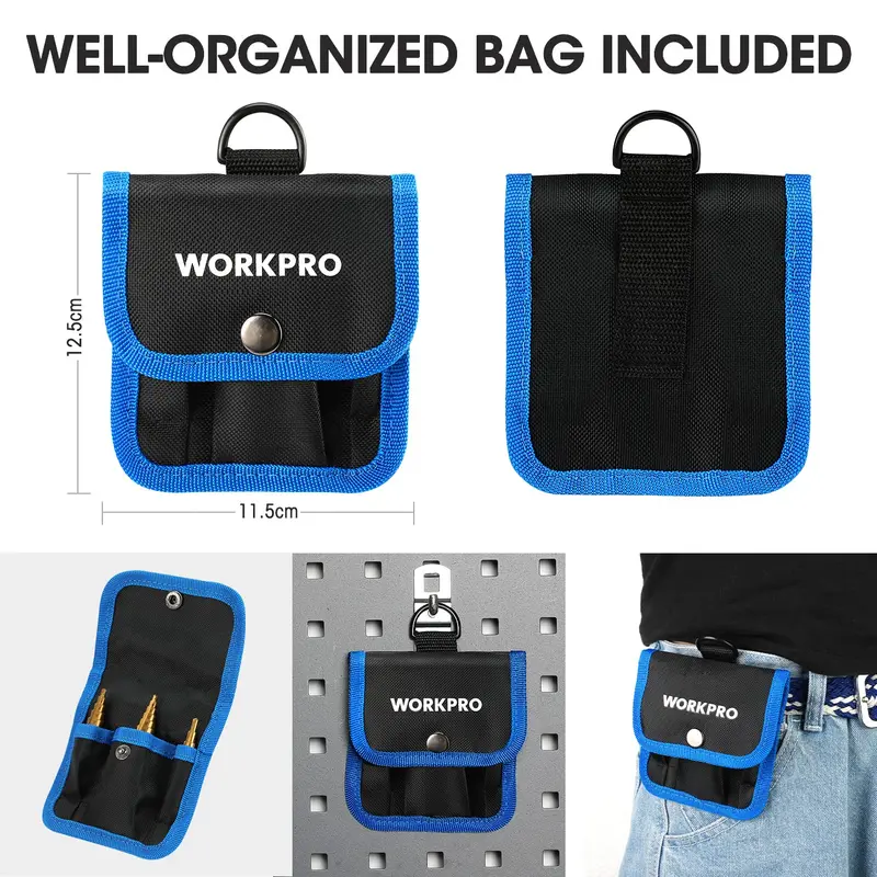 WORKPRO 3-teiliges Stufenbohrer-Set, 1/4"-Sechskant-Schaft mit Schnellwechselsystem, Hochgeschwindigkeitsstahl-Bohrer mit Titanbeschichtung für Kunststoff, Holz, Blech und Aluminium – zum präzisen Bohren von Löchern; inkl. übersichtlicher Aufbewahrungstasche, metrisch