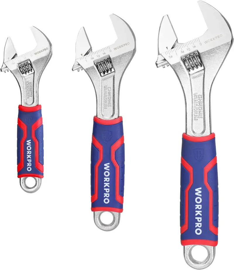 WORKPRO 3-teiliges verstellbares Schraubenschlüssel-Set, Cr-V-Schlüssel mit breitem Maul und rutschfestem Gummigriff, 15 cm, 20 cm und 25 cm, mit metrischer und Zoll-Skala, verchromt