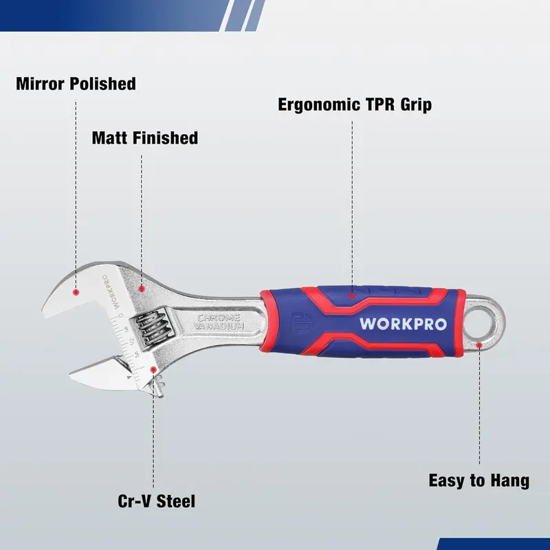 WORKPRO 3-teiliges verstellbares Schraubenschlüssel-Set, Cr-V-Schlüssel mit breitem Maul und rutschfestem Gummigriff, 15 cm, 20 cm und 25 cm, mit metrischer und Zoll-Skala, verchromt 2