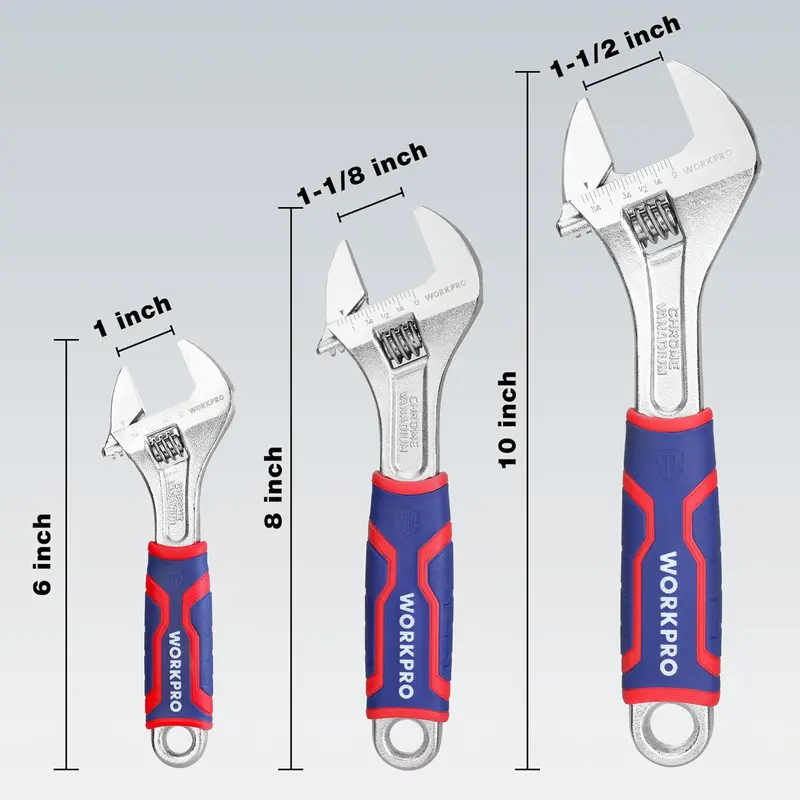 WORKPRO 3-teiliges verstellbares Schraubenschlüssel-Set, Cr-V-Schlüssel mit breitem Maul und rutschfestem Gummigriff, 15 cm, 20 cm und 25 cm, mit metrischer und Zoll-Skala, verchromt