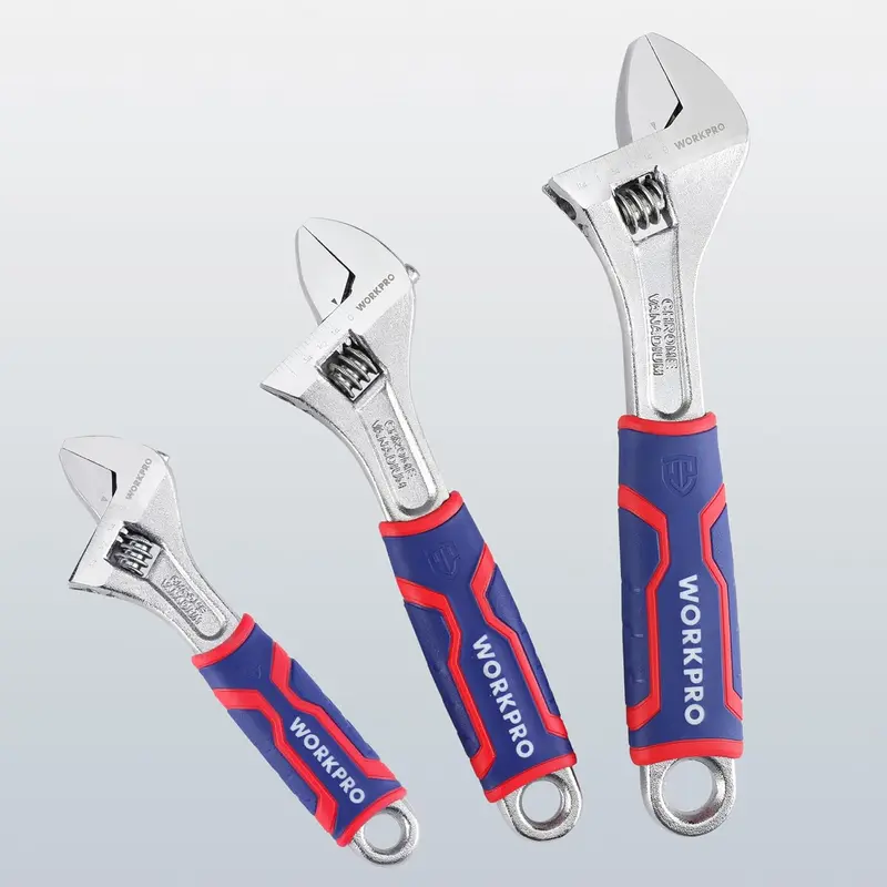 WORKPRO 3-teiliges verstellbares Schraubenschlüssel-Set, Cr-V-Schlüssel mit breitem Maul und rutschfestem Gummigriff, 15 cm, 20 cm und 25 cm, mit metrischer und Zoll-Skala, verchromt