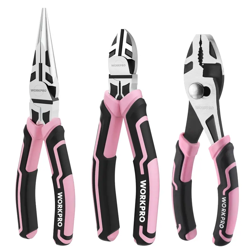 WORKPRO 3-teiliges Zangen-Set mit Spitzzange, Seitenschneider und Gelenkzange – Pink Ribbon