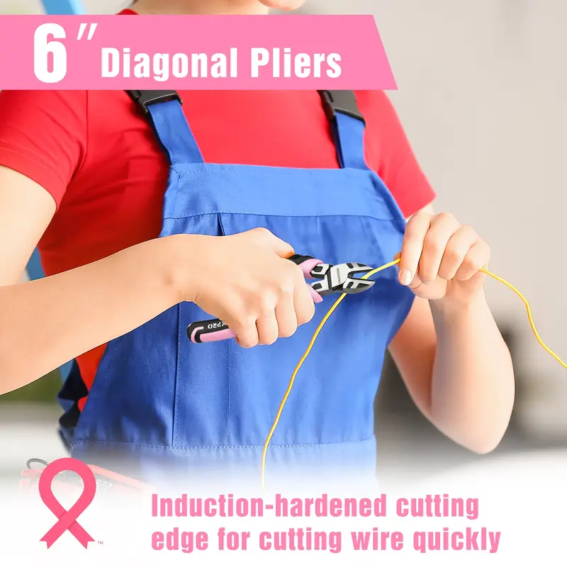 WORKPRO 3-teiliges Zangen-Set mit Spitzzange, Seitenschneider und Gelenkzange – Pink Ribbon
