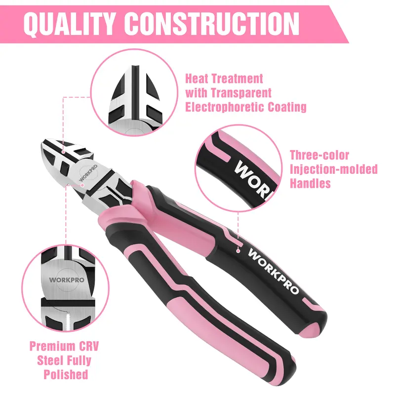 WORKPRO 3-teiliges Zangen-Set mit Spitzzange, Seitenschneider und Gelenkzange – Pink Ribbon