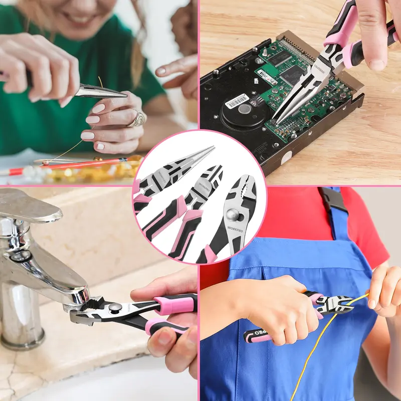 WORKPRO 3-teiliges Zangen-Set mit Spitzzange, Seitenschneider und Gelenkzange – Pink Ribbon
