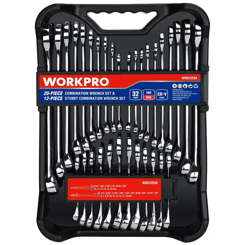 WORKPRO 32-teiliges Kombi-Schraubenschlüssel-Set (SAE & metrisch), 12-Kant-Ausführung, regulär und kurz