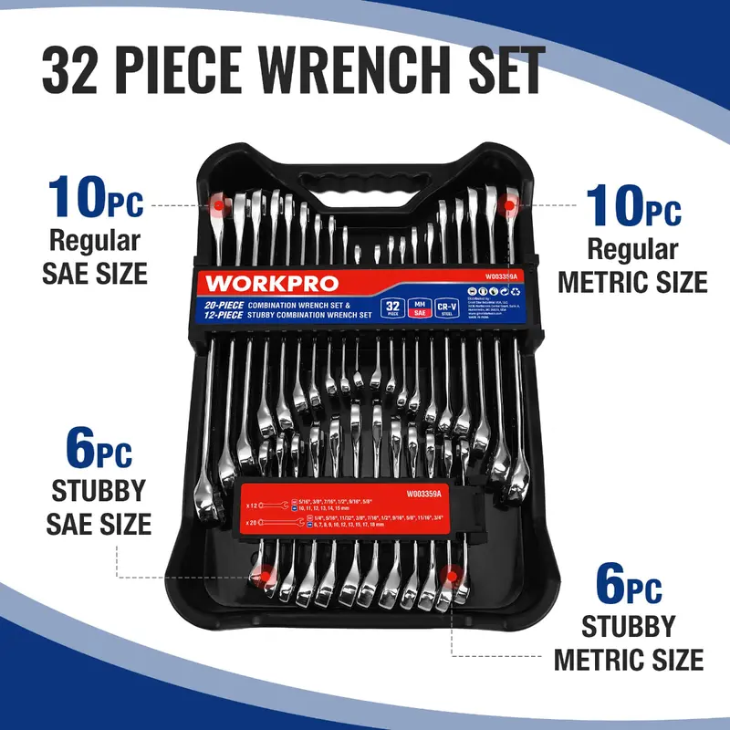 WORKPRO 32-teiliges Kombi-Schraubenschlüssel-Set (SAE & metrisch), 12-Kant-Ausführung, regulär und kurz