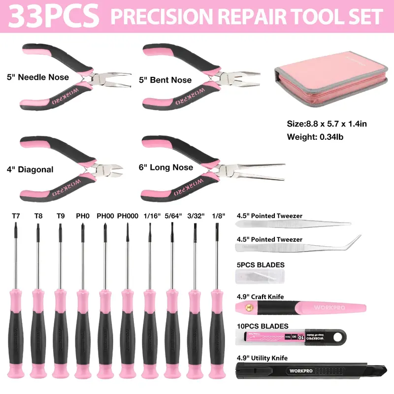 WORKPRO 33-teiliges Präzisions-Reparaturwerkzeugset mit Zangen-Set – Rosa Band 2