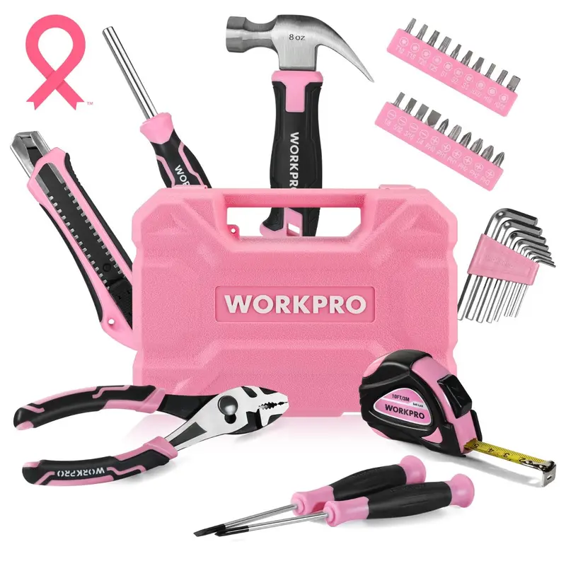 WORKPRO 35-teiliges Haushalts-Toolset in Rosa/Blau mit Aufbewahrungs-Toolbox – Pink Ribbon