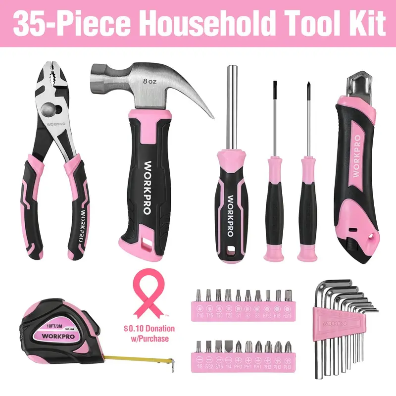 WORKPRO 35-teiliges Haushalts-Toolset in Rosa/Blau mit Aufbewahrungs-Toolbox – Pink Ribbon