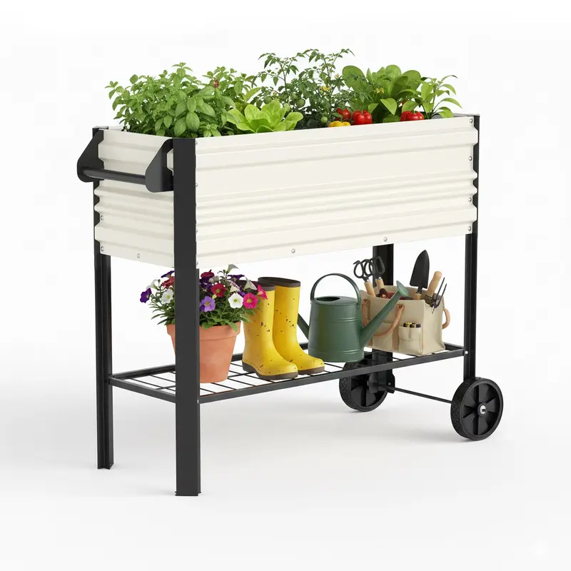 WORKPRO 37 Zoll Außen-Gartenbeet aus verzinktem Stahl mit Beinen und Rollen, weiß