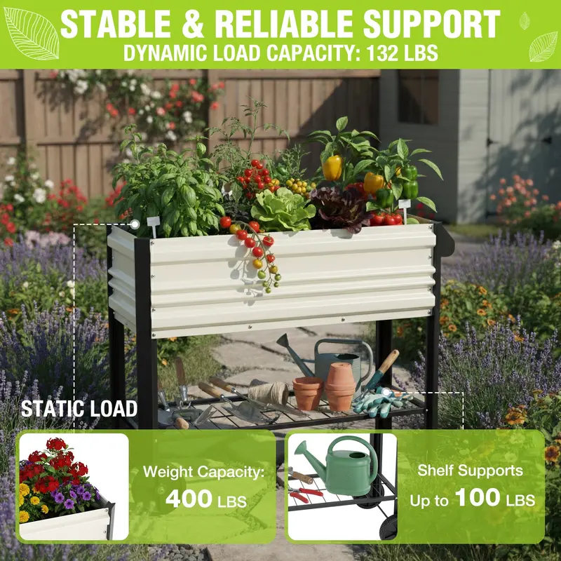 WORKPRO 37 Zoll Außen-Gartenbeet aus verzinktem Stahl mit Beinen und Rollen, weiß